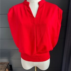 Cider Red Short Sleeved V-Neck Blouse with Small Shoulder Pads and Banded Bottom